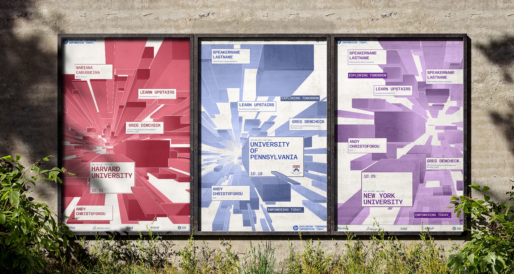 Three campus posters, Harvard, Penn and NYU, each in its own school colour