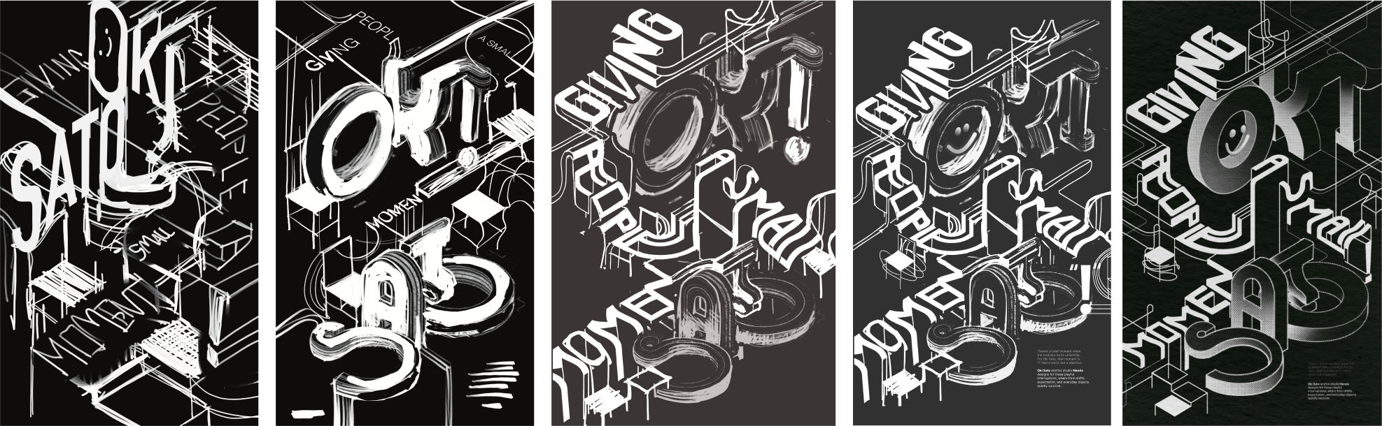 Five iterations of the final poster, from rough sketch to isometric type